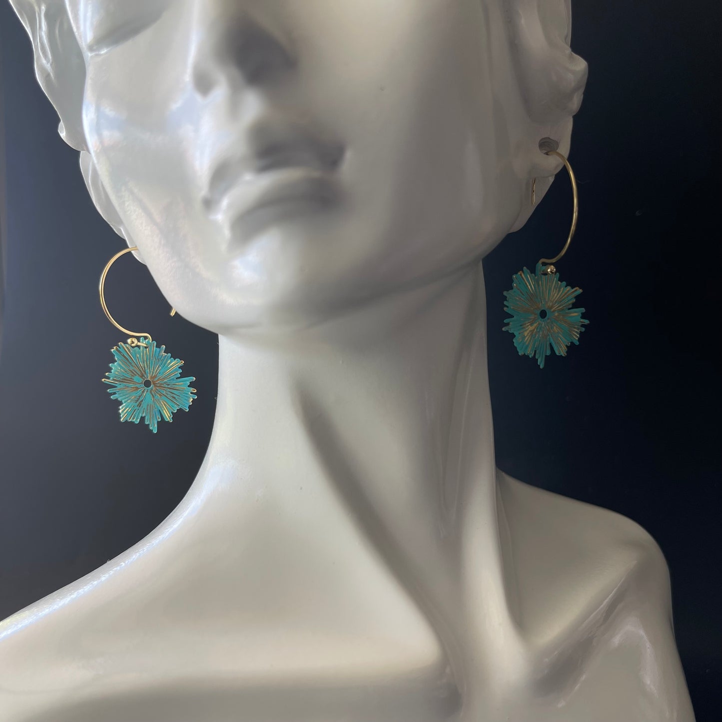 Dangle Earrings Gold Color with Teal Charm