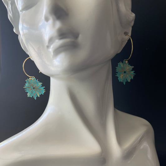 Dangle Earrings Gold Color with Teal Charm