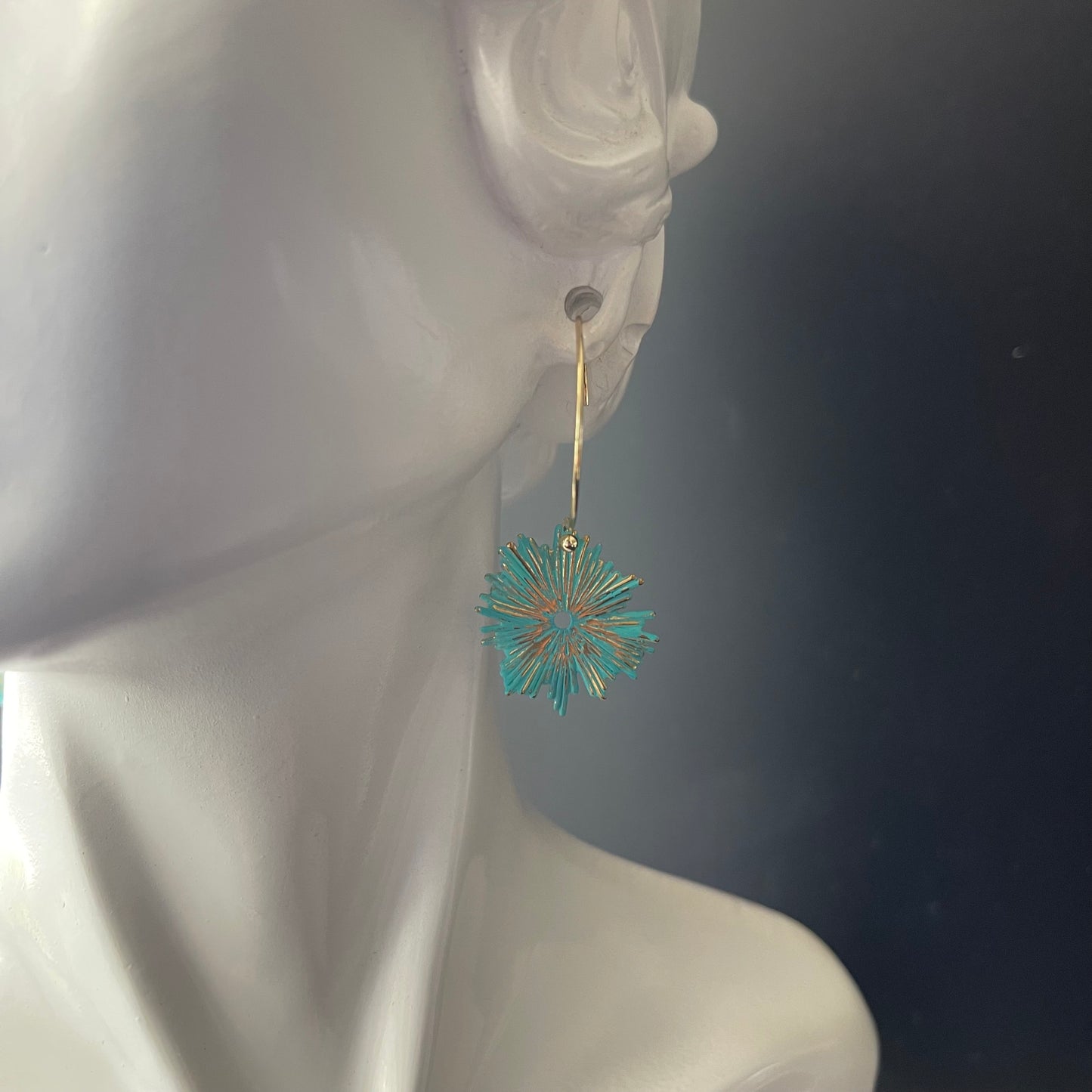 Dangle Earrings Gold Color with Teal Charm