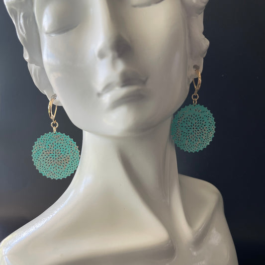 Dangle Earrings Gold Color with Teal Color Charm
