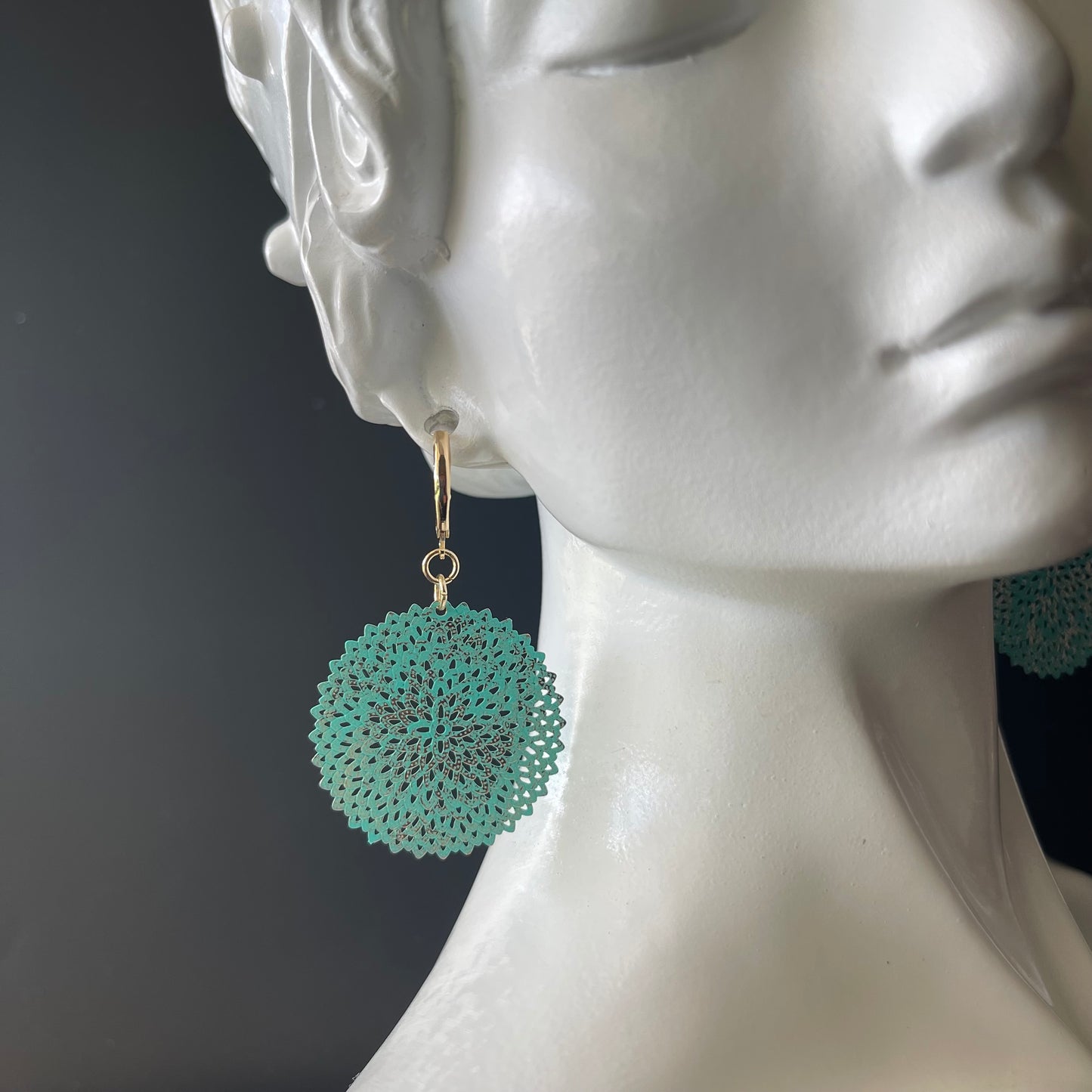 Dangle Earrings Gold Color with Teal Color Charm