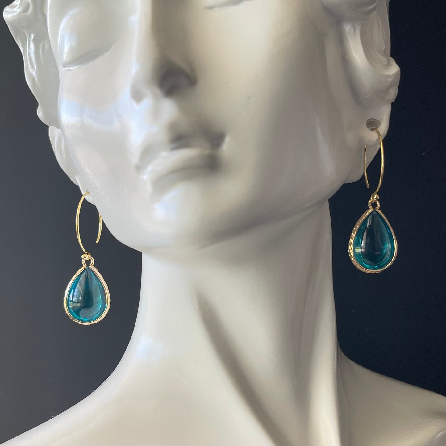 Drop Earrings in Champange Gold Colored Brass with Turquoise Teardrop Shaped Charm