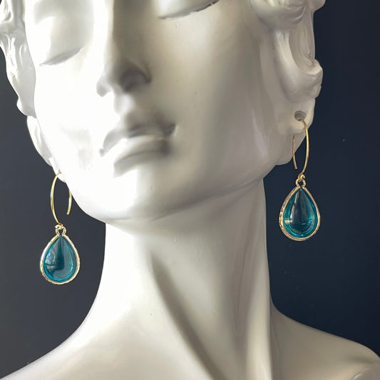 Drop Earrings in Champange Gold Colored Brass with Turquoise Teardrop Shaped Charm