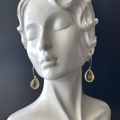Drop Earrings in Champange Gold Colored Brass with Grey Teardrop Shaped Charm