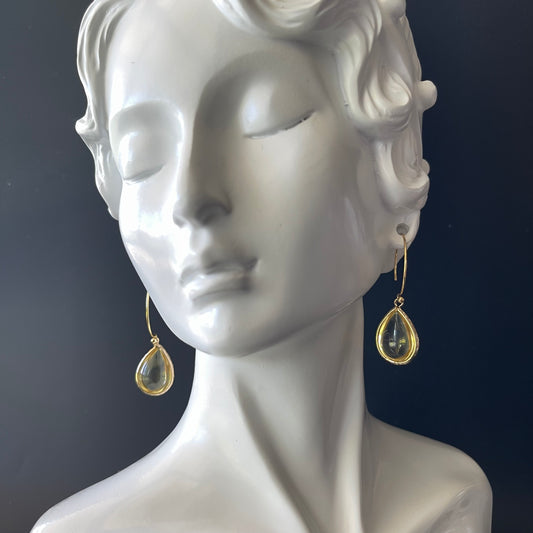 Drop Earrings in Champange Gold Colored Brass with Grey Teardrop Shaped Charm