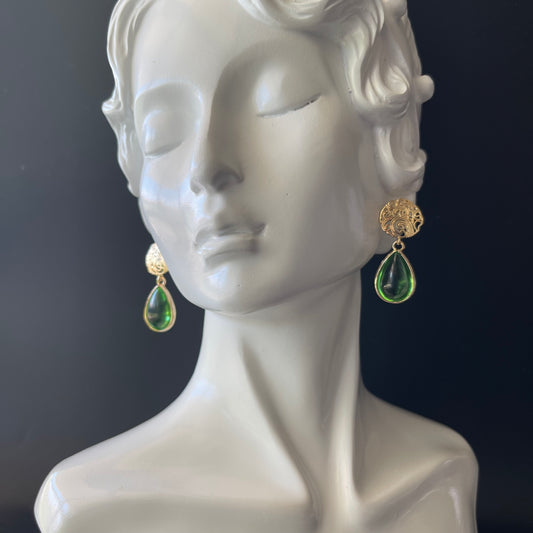 Drop Earrings in Champange Gold Colored Brass with Green Glass Teardrop Shaped Charm