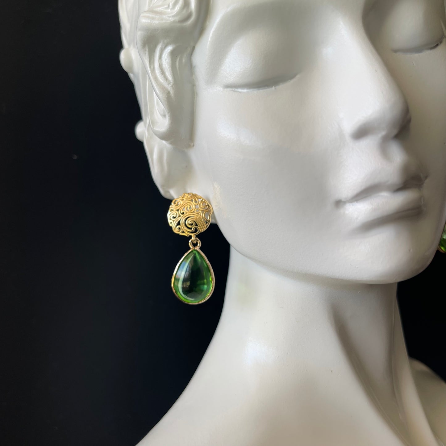 Drop Earrings in Champange Gold Colored Brass with Green Glass Teardrop Shaped Charm