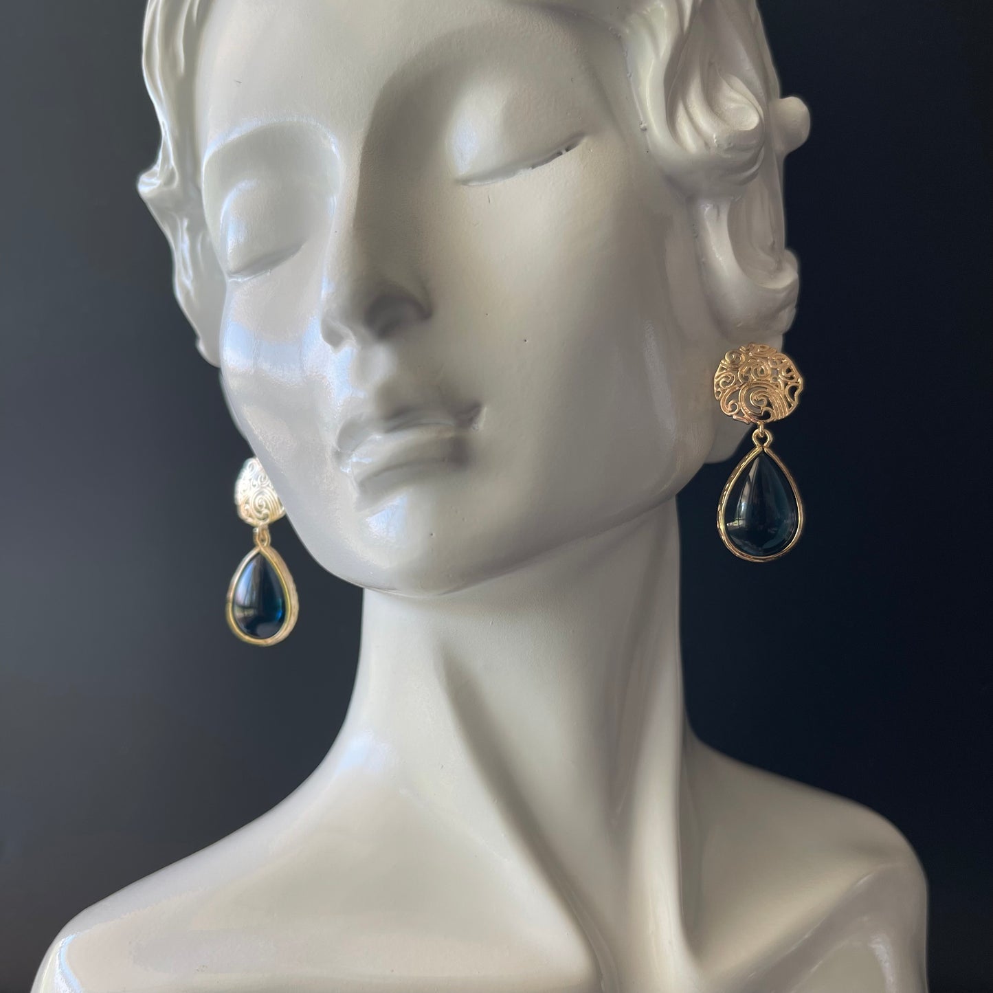 Drop Earrings in Champange Gold Colored Brass with Deep Blue Teardrop Shape Charm