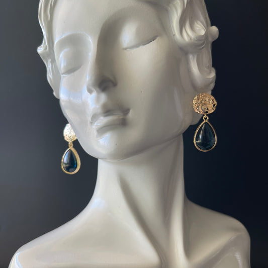 Drop Earrings in Champange Gold Colored Brass with Deep Blue Teardrop Shape Charm