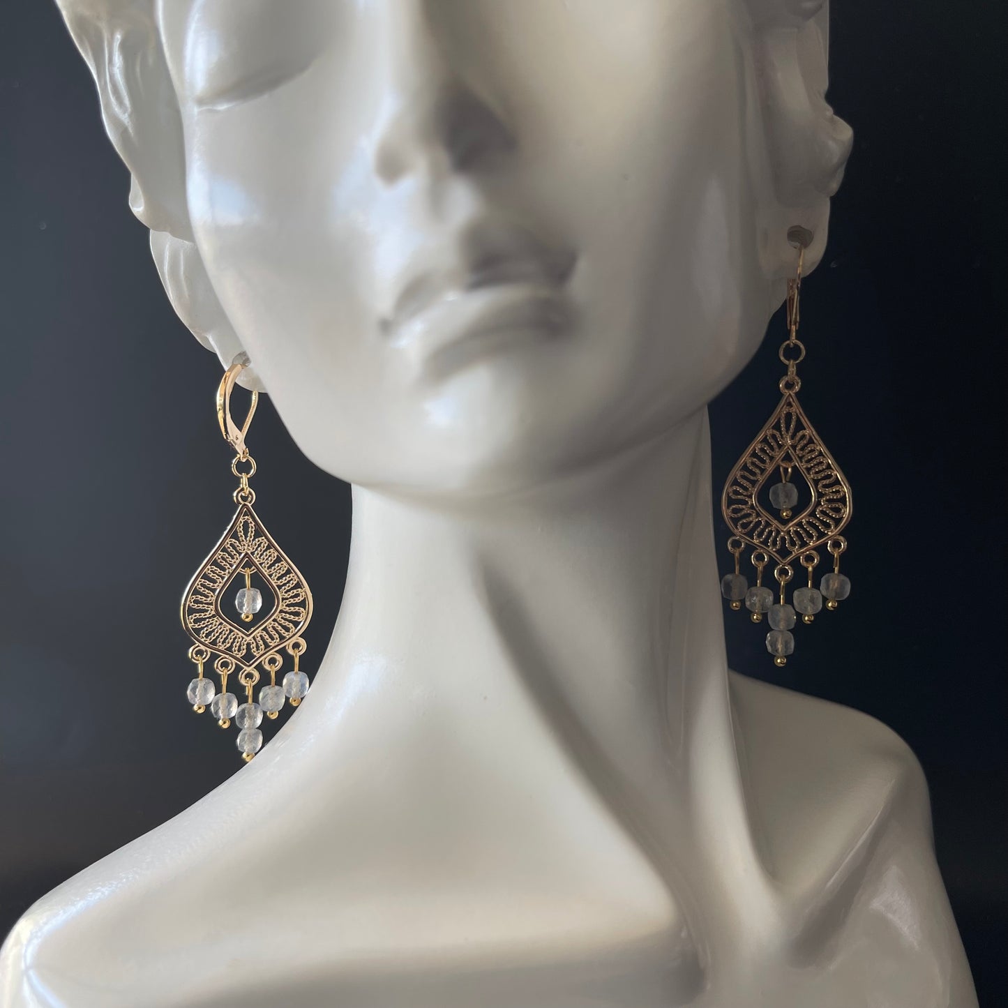 Chandelier Earrings in Gold with Moonstone Beads