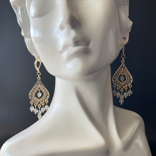 Chandelier Earrings in Gold with Moonstone Beads