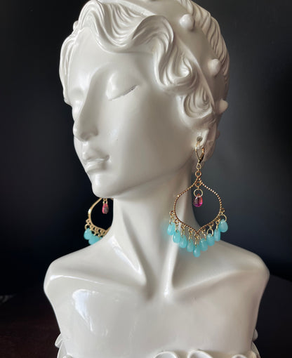 Chandelier Earrings in Gold Color with Teal Beads