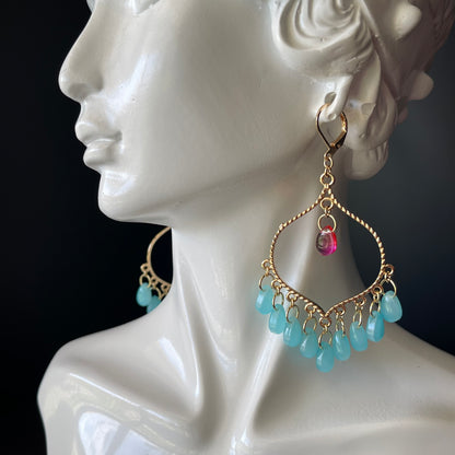 Chandelier Earrings in Gold Color with Teal Beads