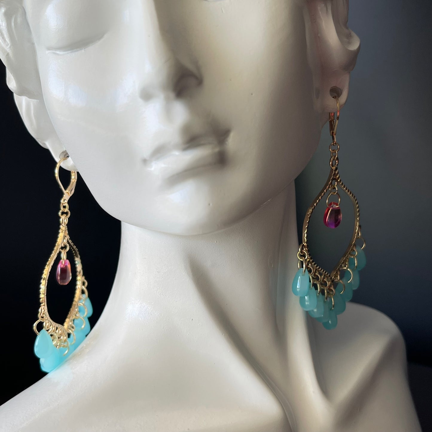 Chandelier Earrings in Gold Color with Teal Beads