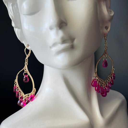 Chandelier Earrings in Gold Color with Pink Beads
