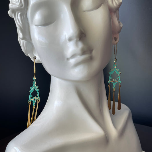 Chandelier Earrings in Gold and Teal Color