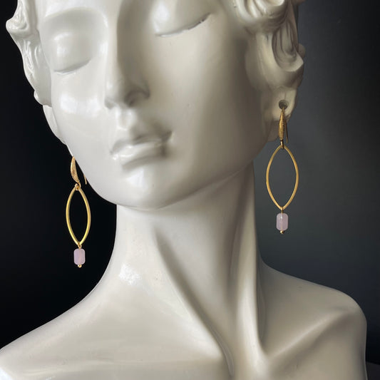 Dangle Leaf Shape Earrings in Brass Gold Color with Pink Glass Beads