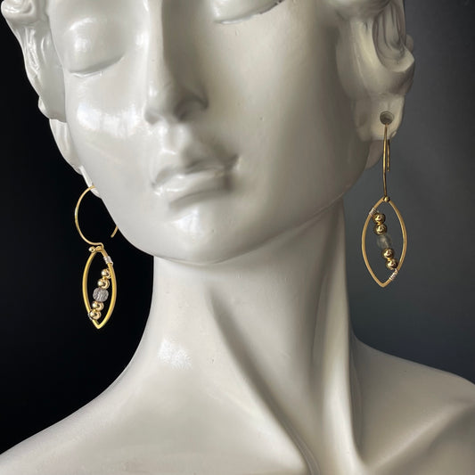Dangle Leaf Shape Earrings in Brass Gold Color with Gold Color and Moonstone Beads Accent
