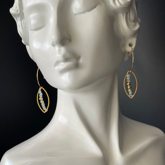 Dangle Leaf Shape Earrings in Brass Gold Color with Gold Color and Teal Beads Accent