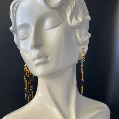 Gold Waterfall Earrings with Black Crystal Beads – Timeless Statement Dangle Jewelry