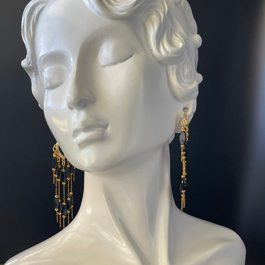 Gold Waterfall Earrings with Black Crystal Beads – Timeless Statement Dangle Jewelry