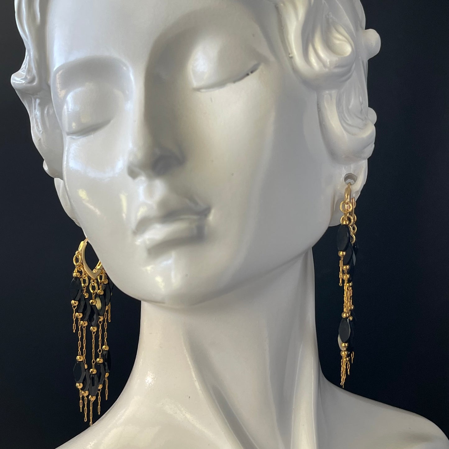 Gold Waterfall Earrings with Black Crystal Beads – Timeless Statement Dangle Jewelry