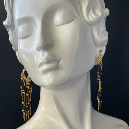 Gold Waterfall Earrings with Black Crystal Beads – Timeless Statement Dangle Jewelry