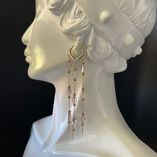 Gold Waterfall Earrings with Pink Crystal Beads – Romantic Statement Dangle Jewelry