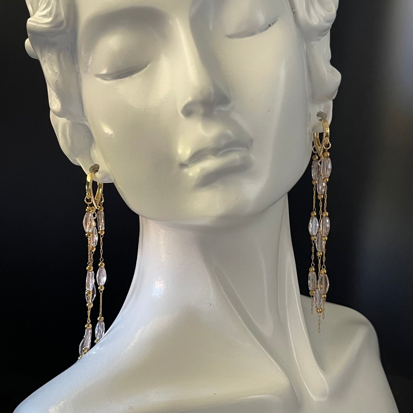 Gold Waterfall Earrings with Pink Crystal Beads – Romantic Statement Dangle Jewelry