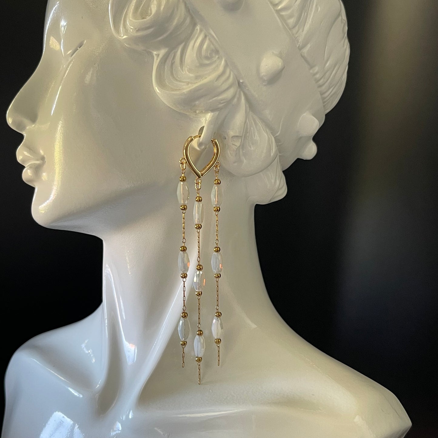 Gold Waterfall Earrings with White Crystal Beads – Timeless Statement Dangle Jewelry