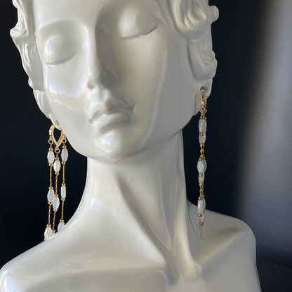 Gold Waterfall Earrings with White Crystal Beads – Timeless Statement Dangle Jewelry