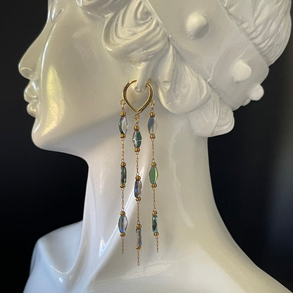 Gold-Tone Waterfall Drop Earrings with Deep Peacock Blue Beads – Elegant Evening Earrings