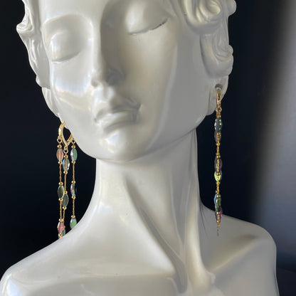 Gold-Tone Waterfall Drop Earrings with Deep Peacock Blue Beads – Elegant Evening Earrings