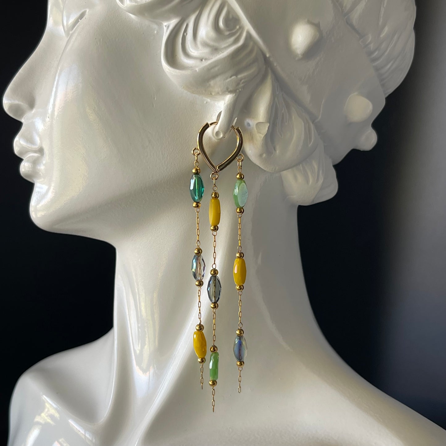 Gold Waterfall Drop Earrings with Mixed Color Beads – Elegant Dangle Earrings for Women