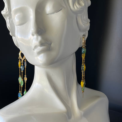 Gold Waterfall Drop Earrings with Mixed Color Beads – Elegant Dangle Earrings for Women