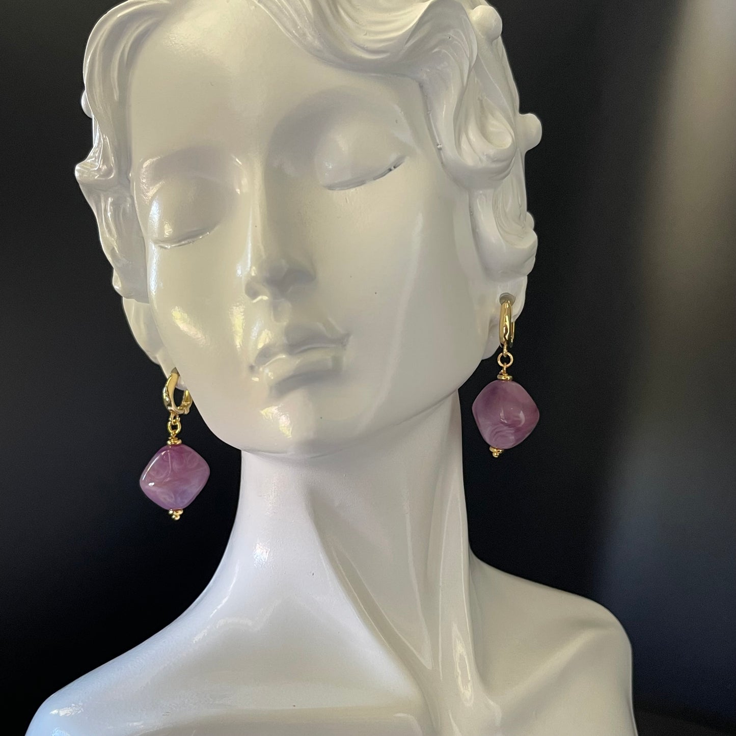 Purple Bead Gold Drop Earrings – Elegant Dangle Earrings for Everyday or Formal Wear