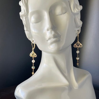 Gold Filigree Dangle Earrings with Freshwater Pearl and Aqua Crystal Beads – Elegant Long Drop Earrings