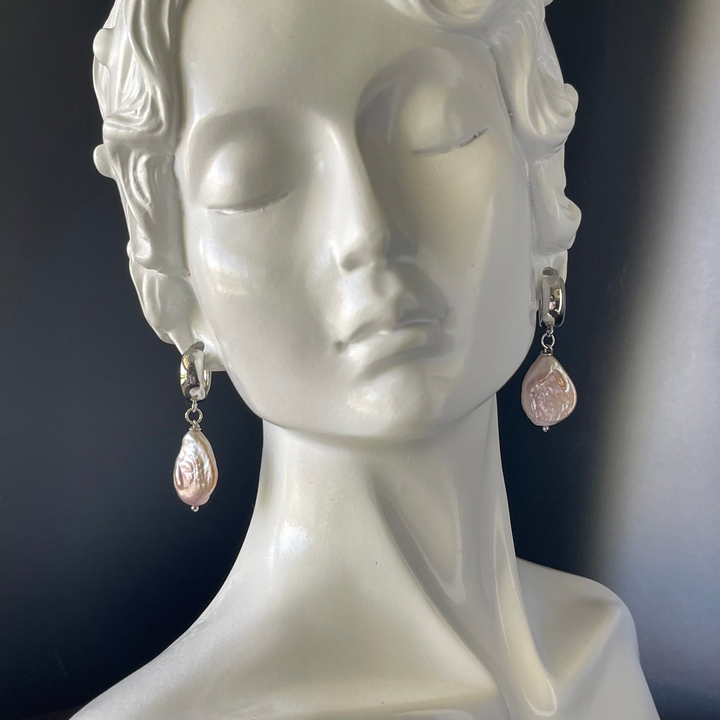 Teardrop Pink Pearl Earrings – Rhodium Finish with Clasps & Hooks