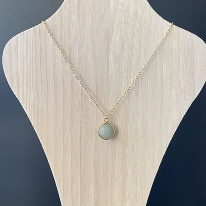 Natural Amazonite Stone Charm Necklace – 14K Gold Plated, 24-Inch Chain, Round Shape Pendant