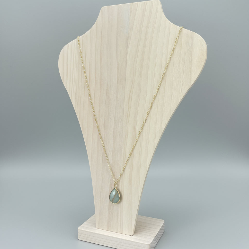 Natural Amazonite Stone Charm Necklace – 14K Gold Plated, 24-Inch Chain, Teardrop Shape Pendant