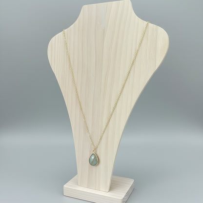 Natural Amazonite Stone Charm Necklace – 14K Gold Plated, 24-Inch Chain, Teardrop Shape Pendant