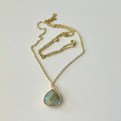 Natural Amazonite Stone Charm Necklace – 14K Gold Plated, 24-Inch Chain, Teardrop Shape Pendant