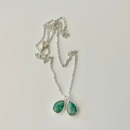 Natural Amazonite Stone Charm Necklace – Silver Plated, 24-Inch Chain, Tear Drop Shape Pendant