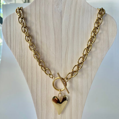 Gold Heart Pendant Necklace – 18" Stainless Steel Double Oval Chain with Toggle Clasp