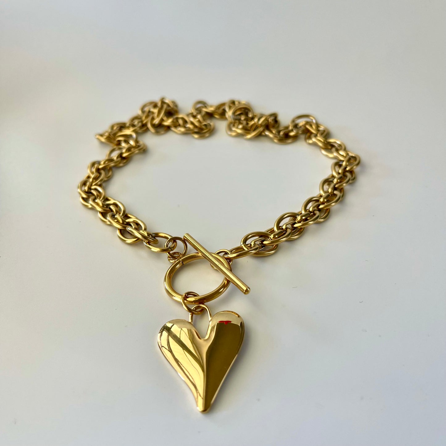 Gold Heart Pendant Necklace – 18" Stainless Steel Double Oval Chain with Toggle Clasp