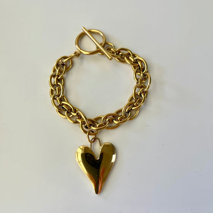 Gold Heart Pendant Bracelet – 7" Stainless Steel Double Oval Chain with Toggle Clasp