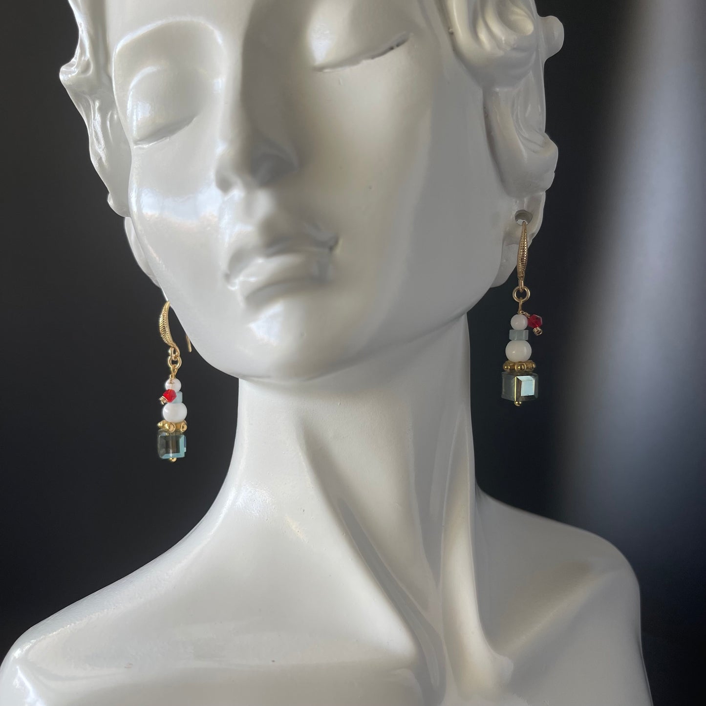 Handcrafted Snowman Christmas Earrings - Austrian Crystal Dangle Earrings with Gold Hooks