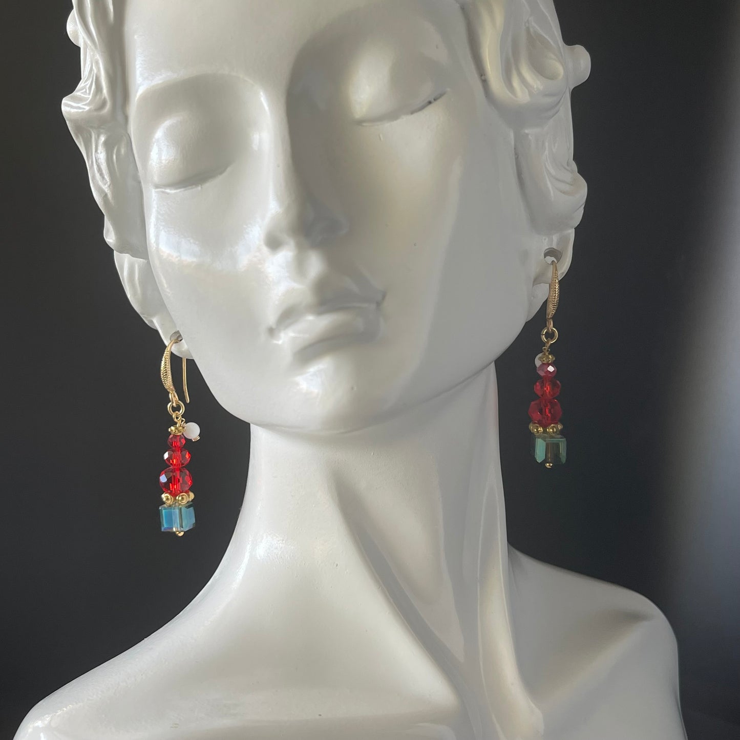 Handcrafted Red Christmas Earrings - Austrian Crystal Blue Dangle Earrings with Gold Hooks