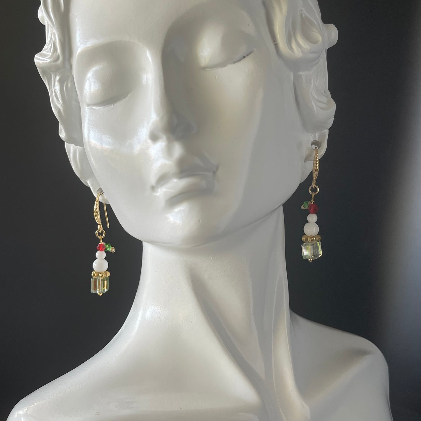 Handcrafted Snowman Christmas Earrings - Austrian Crystal Champagne Color Dangle Earrings with Gold Hooks