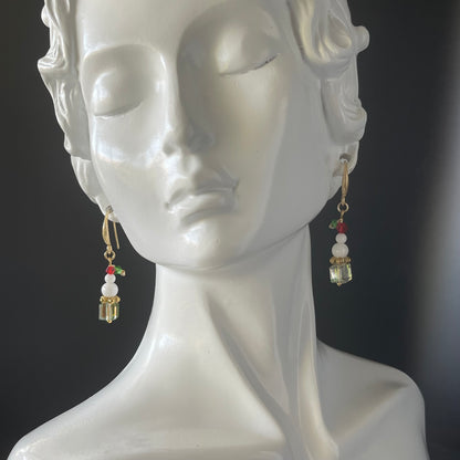 Handcrafted Snowman Christmas Earrings - Austrian Crystal Champagne Color Dangle Earrings with Gold Hooks